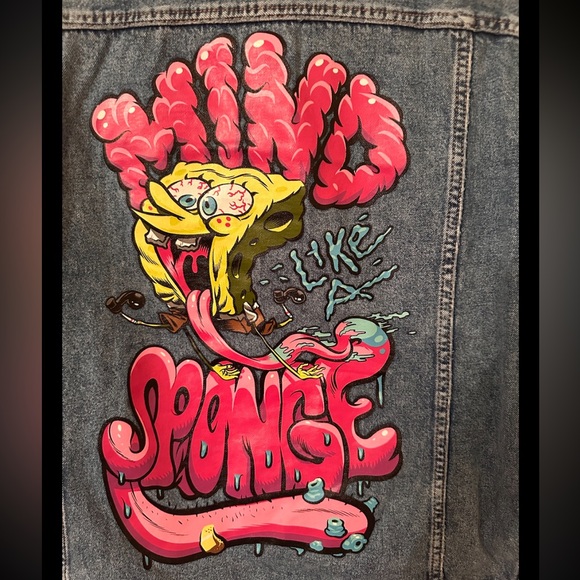 SpongeBob Graffiti Art Paint Style Jean Jacket M - Picture 6 of 7